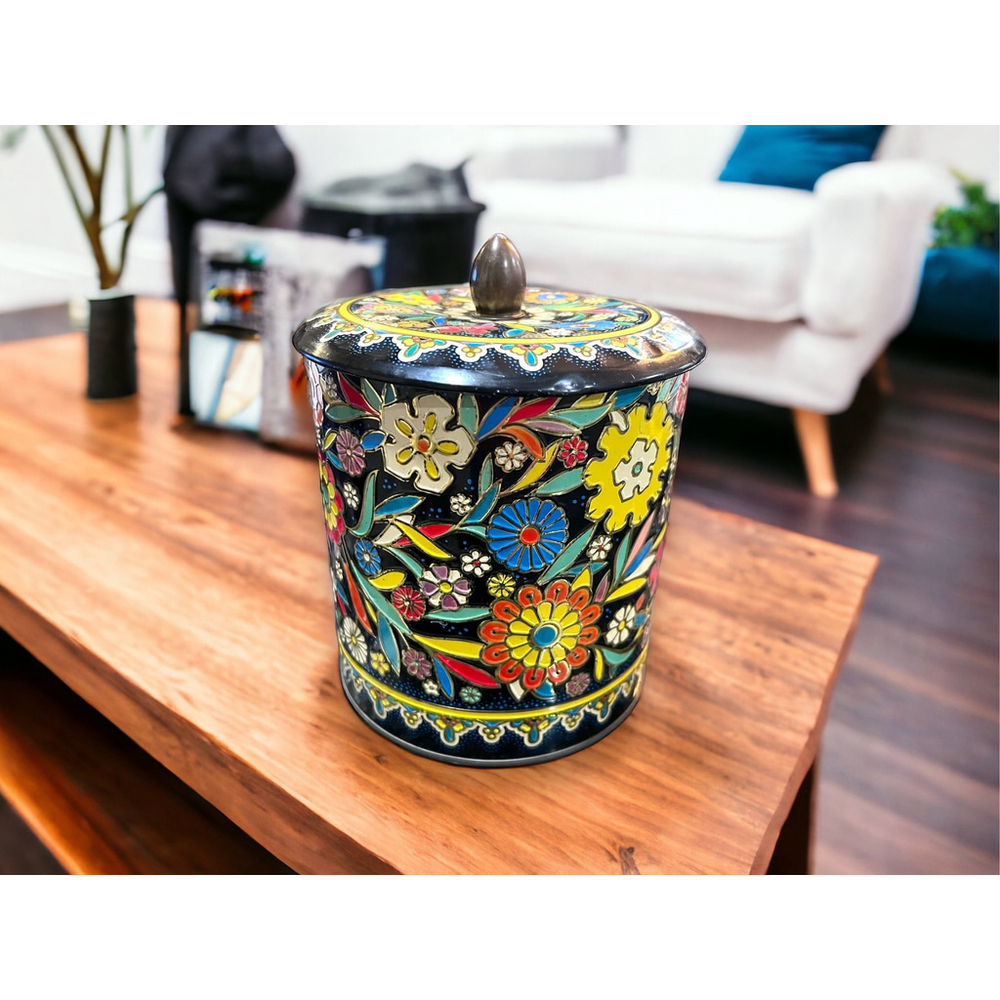 MCM Daher Vintage Stamped Floral Enamel Lidded Canister Midcentury Modern Decor